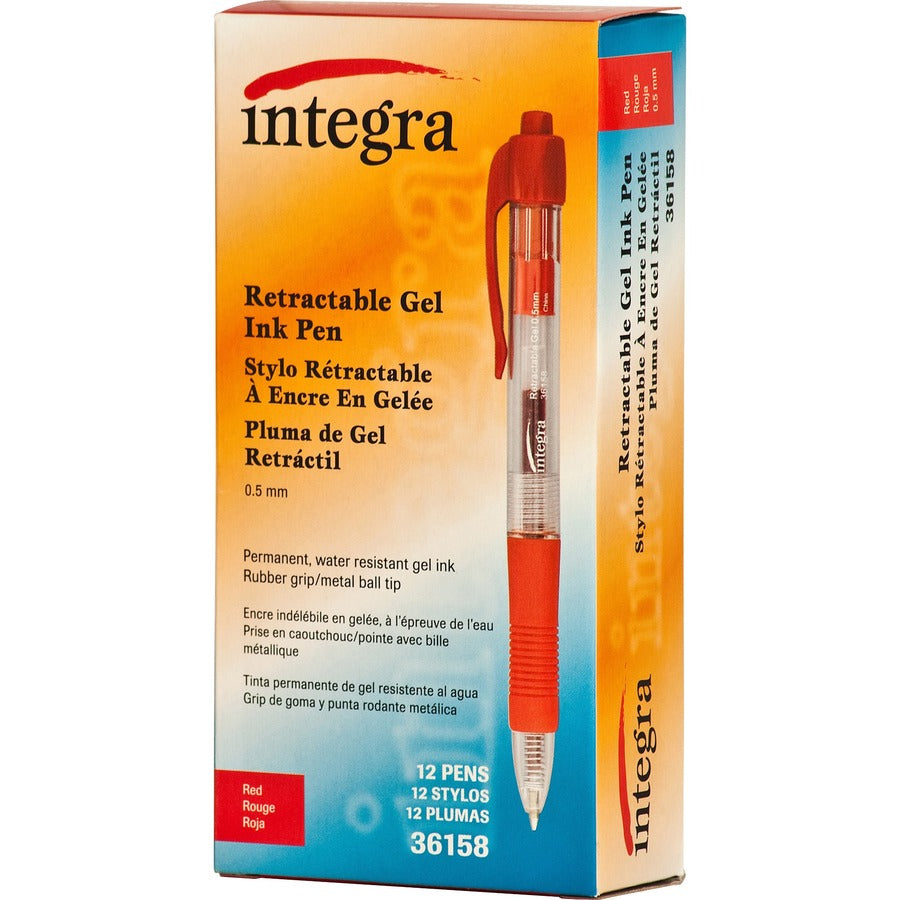 Integra Retractable 0.5mm Gel Pens - Fine Pen Point - 0.5 mm Pen Point Size - Retractable - Red - Red Barrel - Metal Tip - 1 Dozen