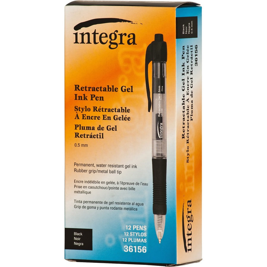 Integra Retractable 0.5mm Gel Pens - Fine Pen Point - 0.5 mm Pen Point Size - Retractable - Black Gel-based Ink - Black Barrel - Metal Tip - 1 Dozen