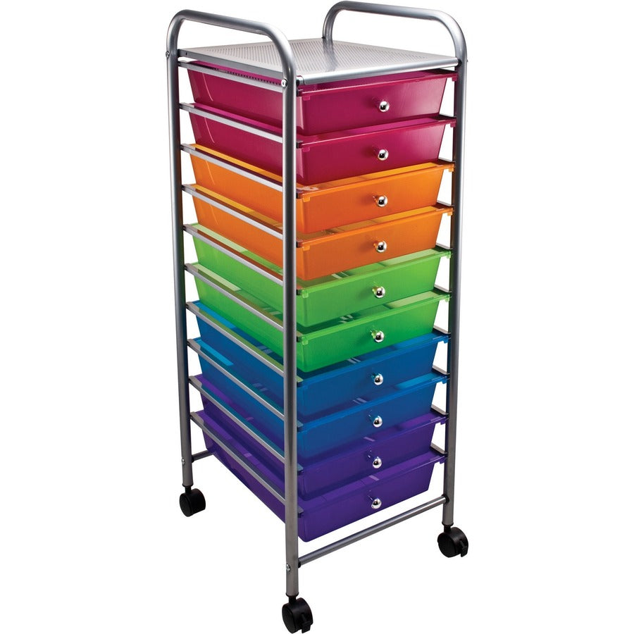 Portable Drawer Organizer, Metal, 1 Shelf, 10 Drawers, 13" x 15.38" x 37.75", Matte Gray/Assorted
