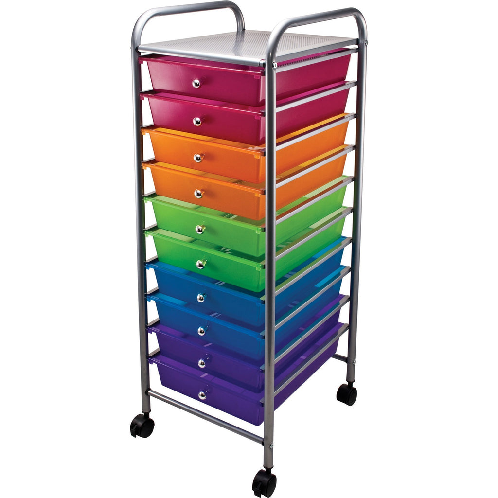 Portable Drawer Organizer, Metal, 1 Shelf, 10 Drawers, 13" x 15.38" x 37.75", Matte Gray/Assorted