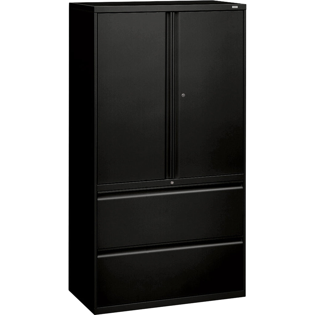 HON 800 Series Wide Lateral File with Storage Cabinet - 2-Drawer - 36" x 19.3" x 67" - 3 x Shelf(ves) - 2 x Drawer(s) for File - 2 x Side Open Door(s) - Legal, Letter - Lateral - Interlocking, Tamper Resistant, Locking Door, Ball-bearing Suspension,