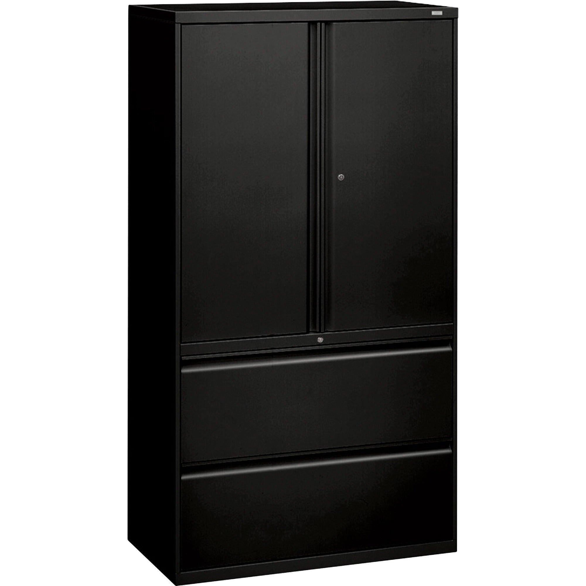 HON 800 Series Wide Lateral File with Storage Cabinet - 2-Drawer - 36" x 19.3" x 67" - 3 x Shelf(ves) - 2 x Drawer(s) for File - 2 x Side Open Door(s) - Legal, Letter - Lateral - Interlocking, Tamper Resistant, Locking Door, Ball-bearing Suspension,