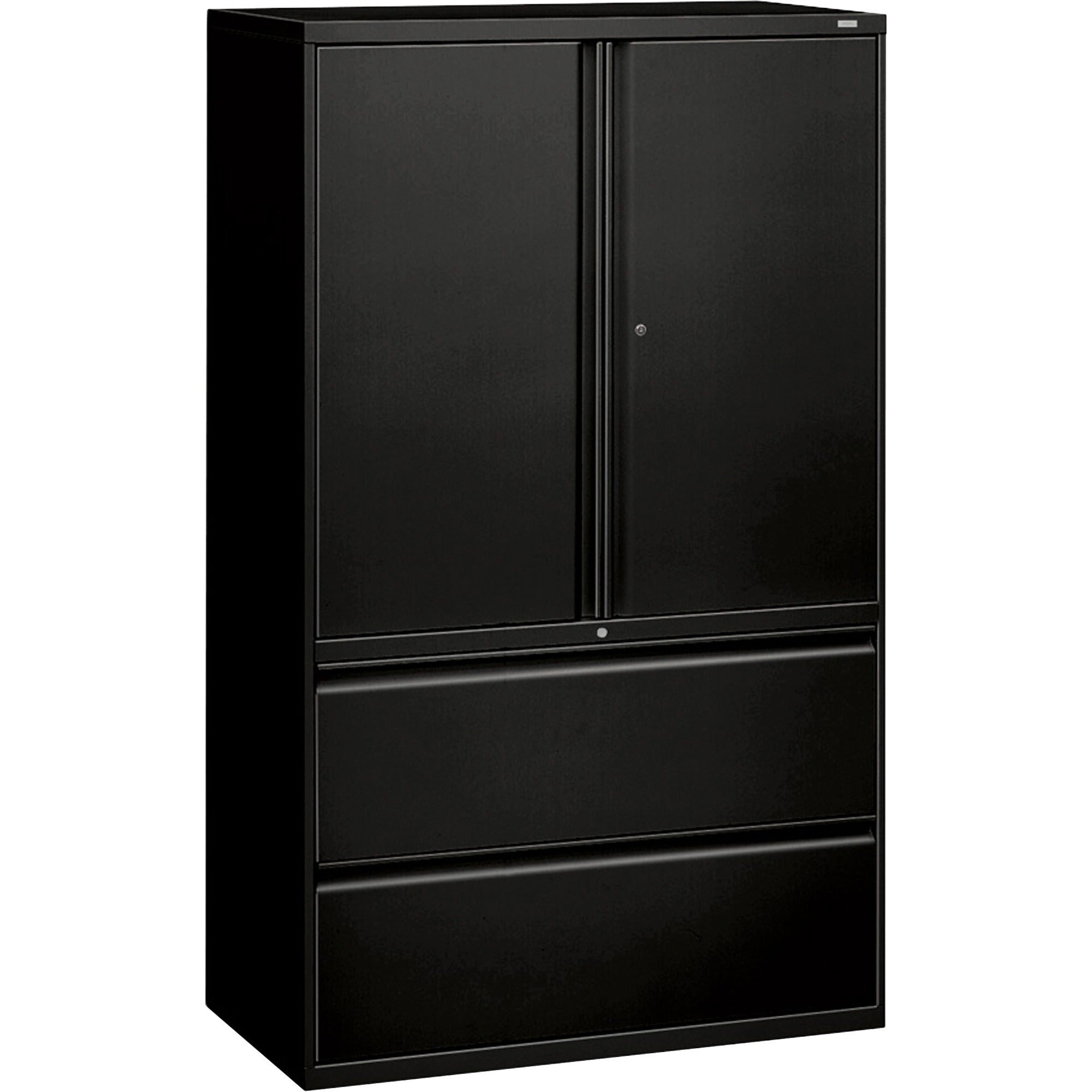 HON 800 Series Wide Lateral File with Storage Cabinet - 2-Drawer - 42" x 19.3" x 67" - 2 x Shelf(ves) - 2 x Drawer(s) for File - 2 x Side Open Door(s) - Legal, Letter - Lateral - Security Lock - Black - Steel - Recycled - 