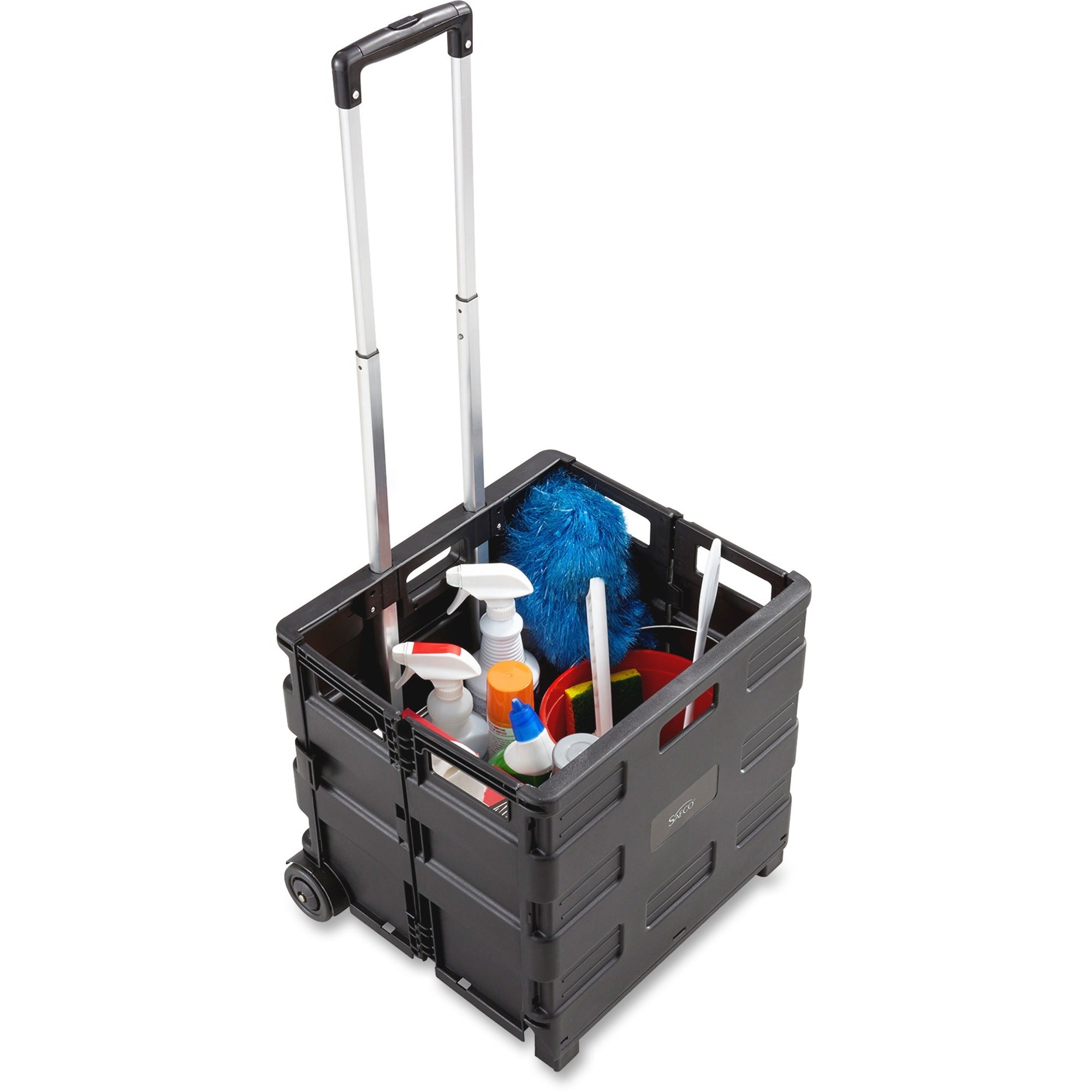 Safco Stow Away Folding Caddy - Telescopic Handle - 50 lb Capacity - 2 Casters - x 16.5" Width x 14.5" Depth x 39" Height - Black, Silver - 1 Each - 