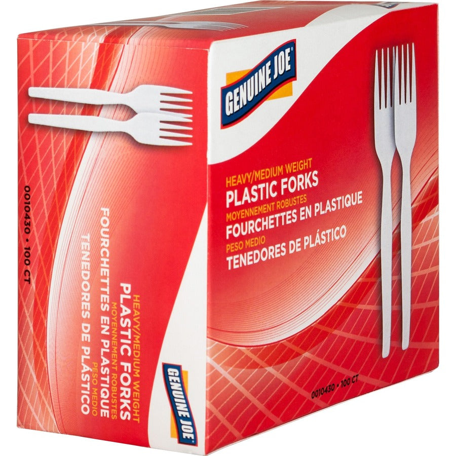 Genuine Joe Heavyweight White Plastic Forks - 100/Box - Disposable - White