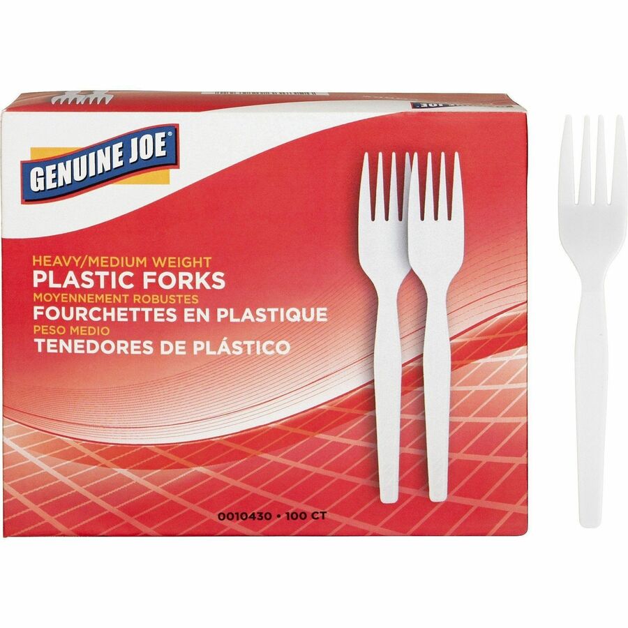 Genuine Joe Heavyweight White Plastic Forks - 100/Box - Disposable - White