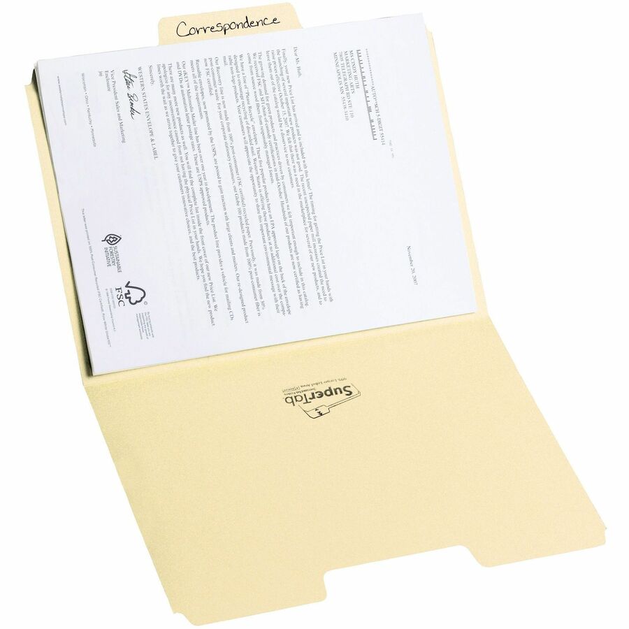 SuperTab Top Tab File Folders, 1/3-Cut Tabs: Assorted, Letter Size, 0.75" Expansion, 11-pt Manila, 100/Box