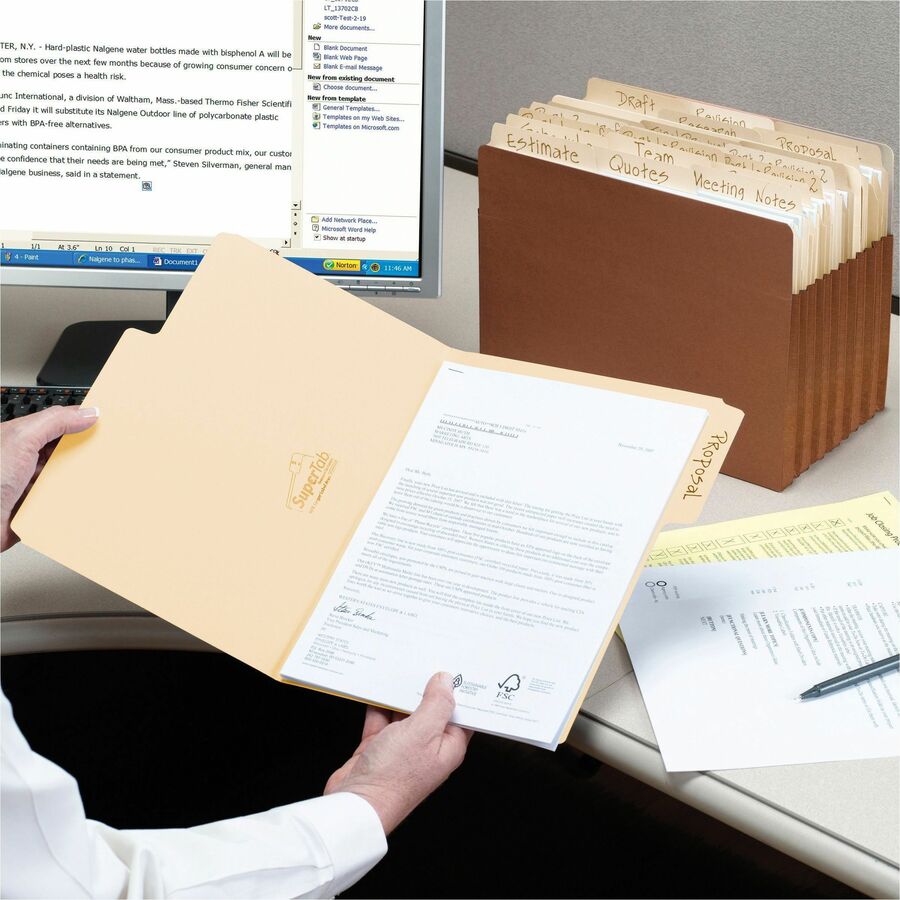 SuperTab Top Tab File Folders, 1/3-Cut Tabs: Assorted, Letter Size, 0.75" Expansion, 11-pt Manila, 100/Box