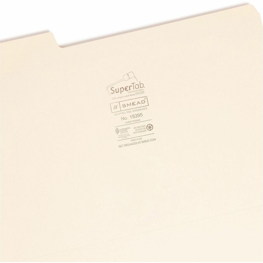 SuperTab Reinforced Guide Height Top Tab Folders, 1/3-Cut Tabs: Assorted, Legal Size, 0.75" Expansion, Manila, 100/Box