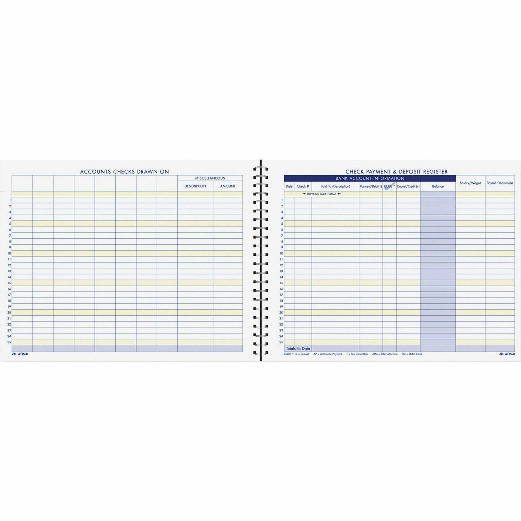Adams Check Payment & Deposit Register - 96 Sheet(s) - 11" x 8.50" Sheet Size - White Sheet(s) - 1 Each - 