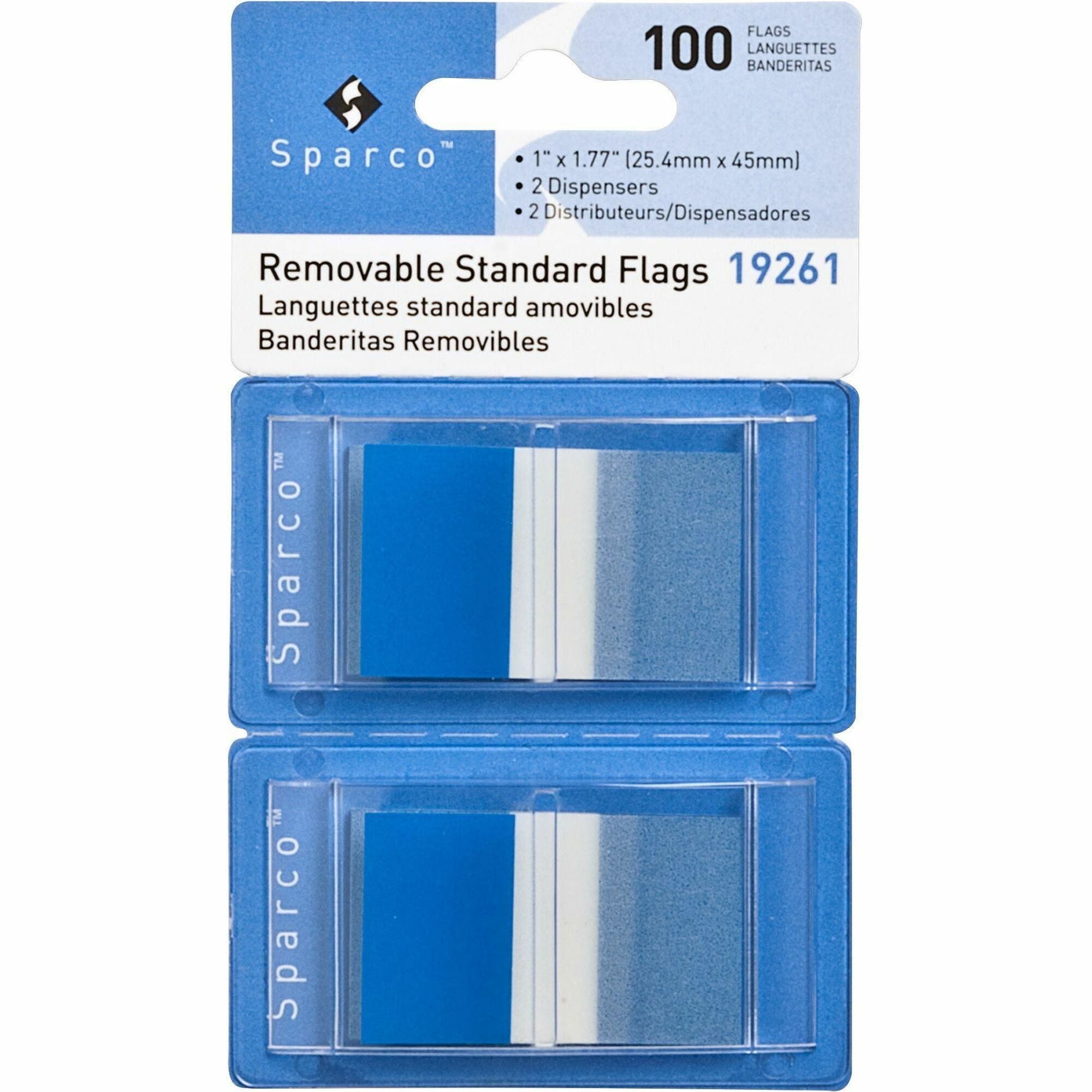 Sparco Removable Standard Flags in Dispenser - 100 x Blue - 1.75" x 1" - Rectangle - Blue - See-through, Self-adhesive, Removable - 100 / Pack - 