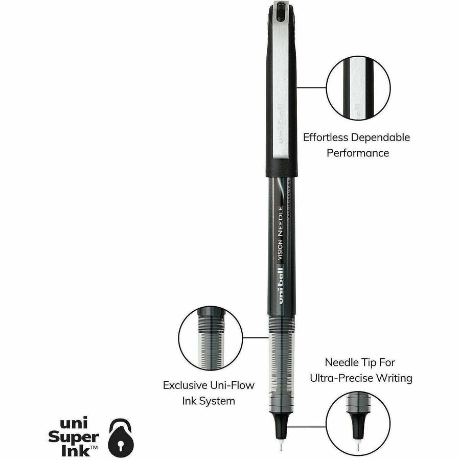 uniball Vision Needle Rollerball Pens - Micro Pen Point - 0.5 mm Pen Point Size - Black Liquid Ink - 1 Dozen
