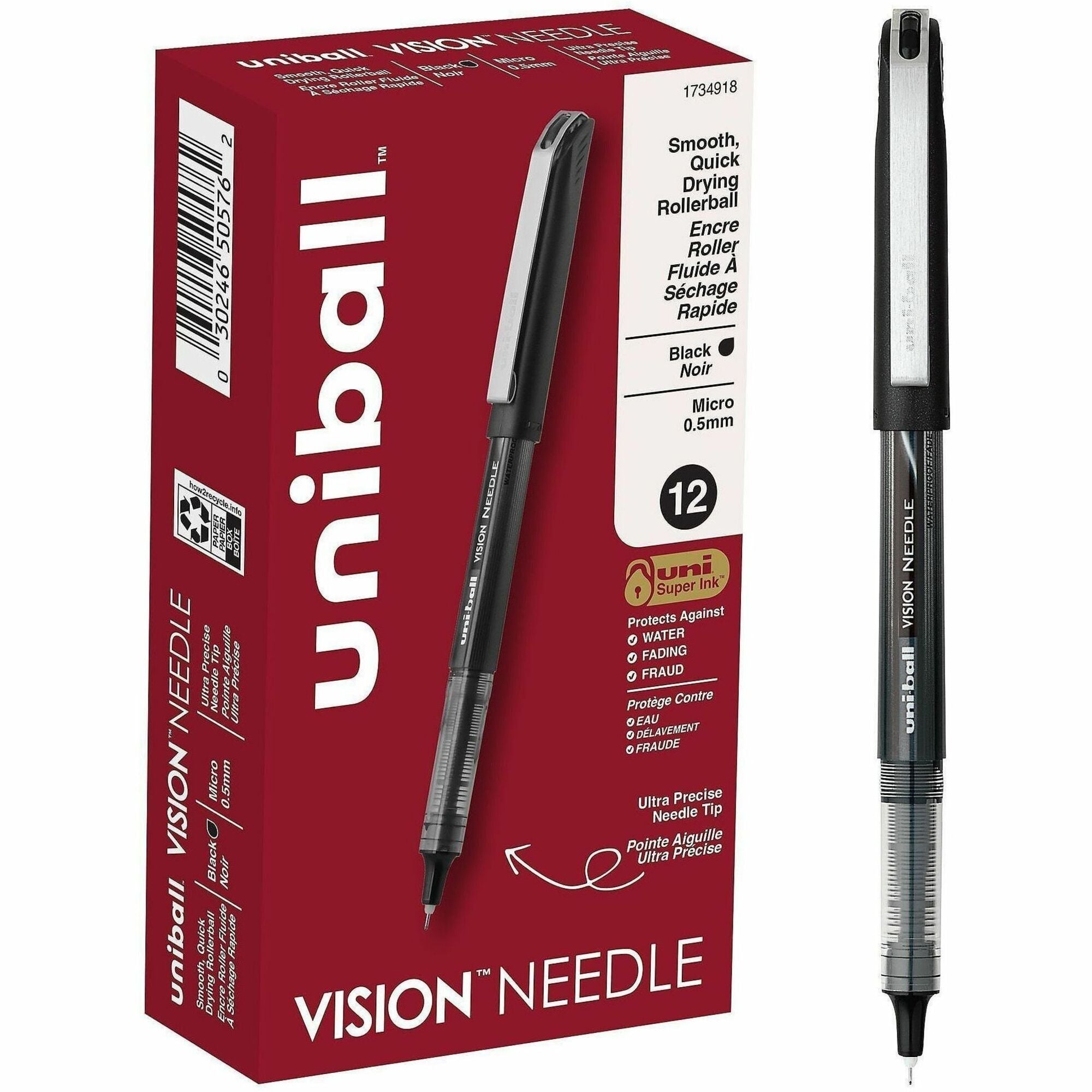 uniball Vision Needle Rollerball Pens - Micro Pen Point - 0.5 mm Pen Point Size - Black Liquid Ink - 1 Dozen