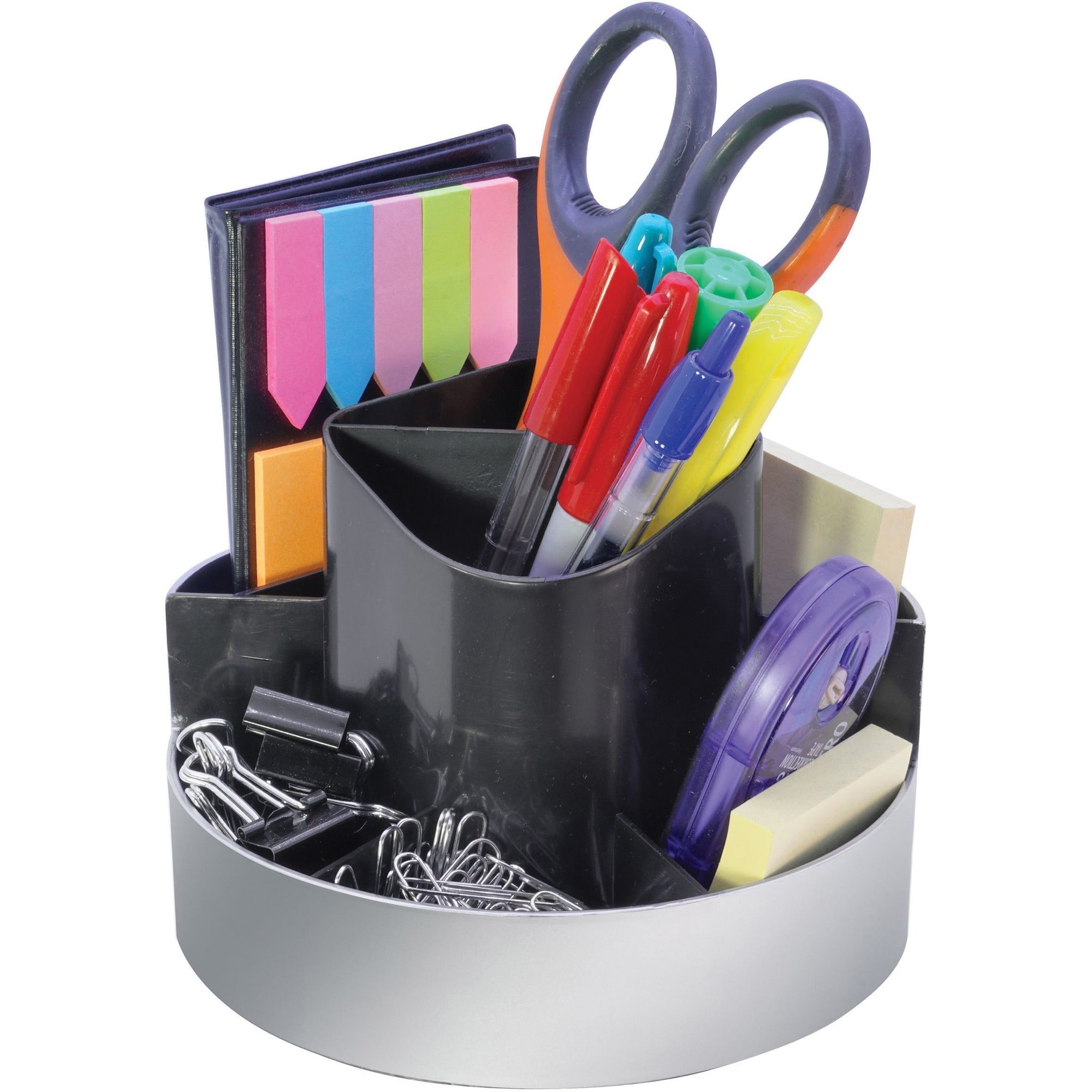 Rotating Desk Organizer, 8 Compartments, Plastic, 6 x 5.75 x 4.5, Black/Silver