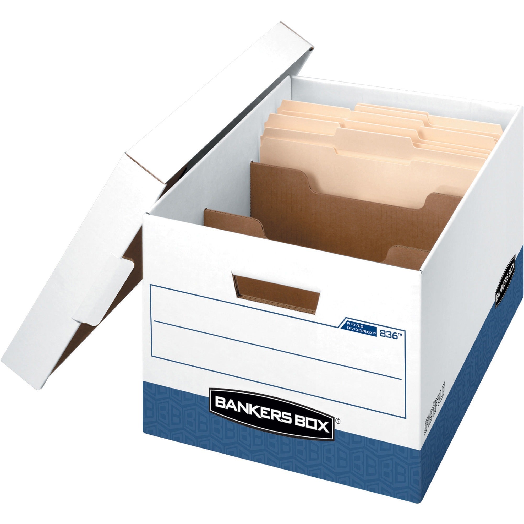 R-KIVE Heavy-Duty Storage Boxes with Dividers, Letter/Legal Files, 12.75" x 16.5" x 10.38", White/Blue, 12/Carton