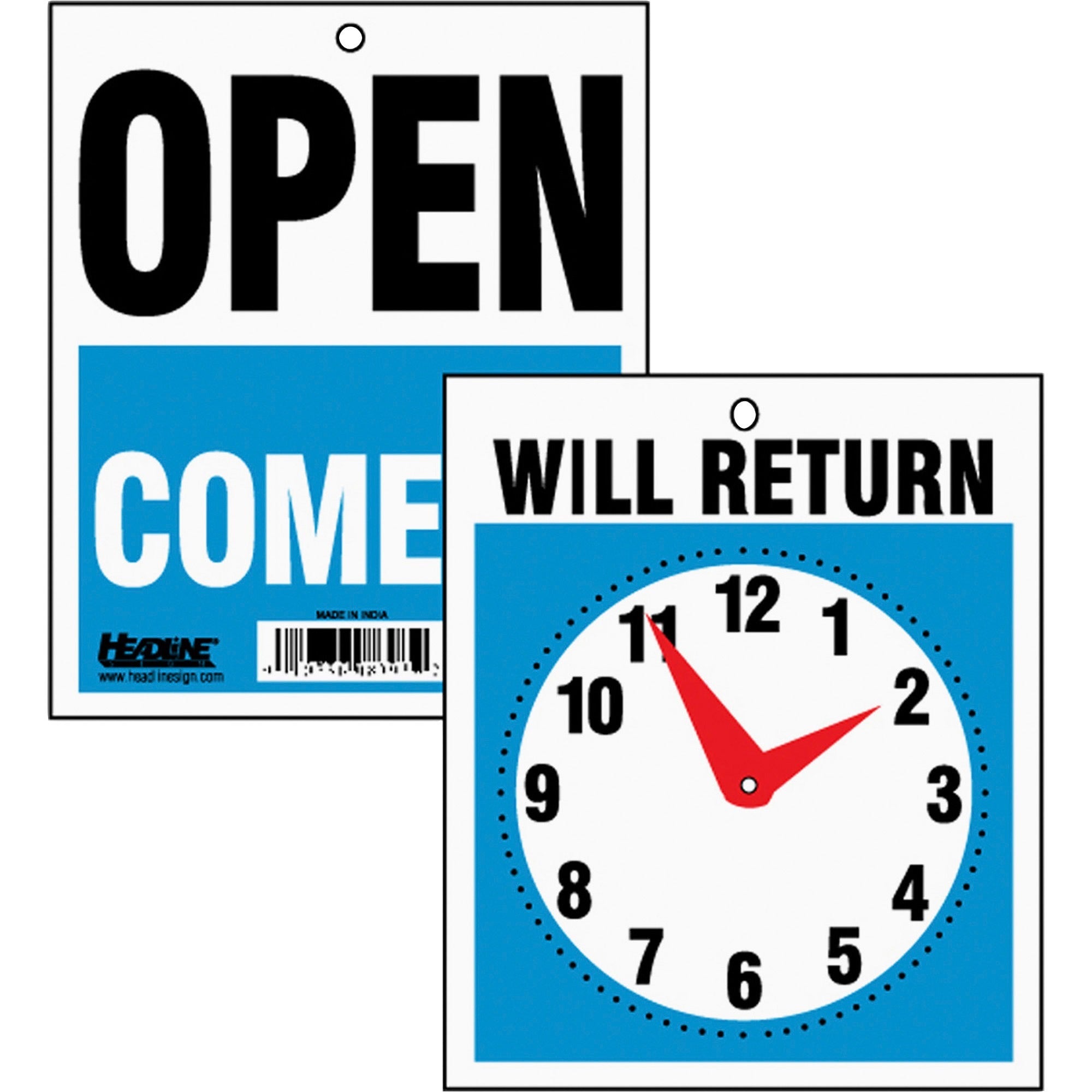Double-Sided Open/Will Return Sign with Clock Hands, Plastic, 7.5 x 9