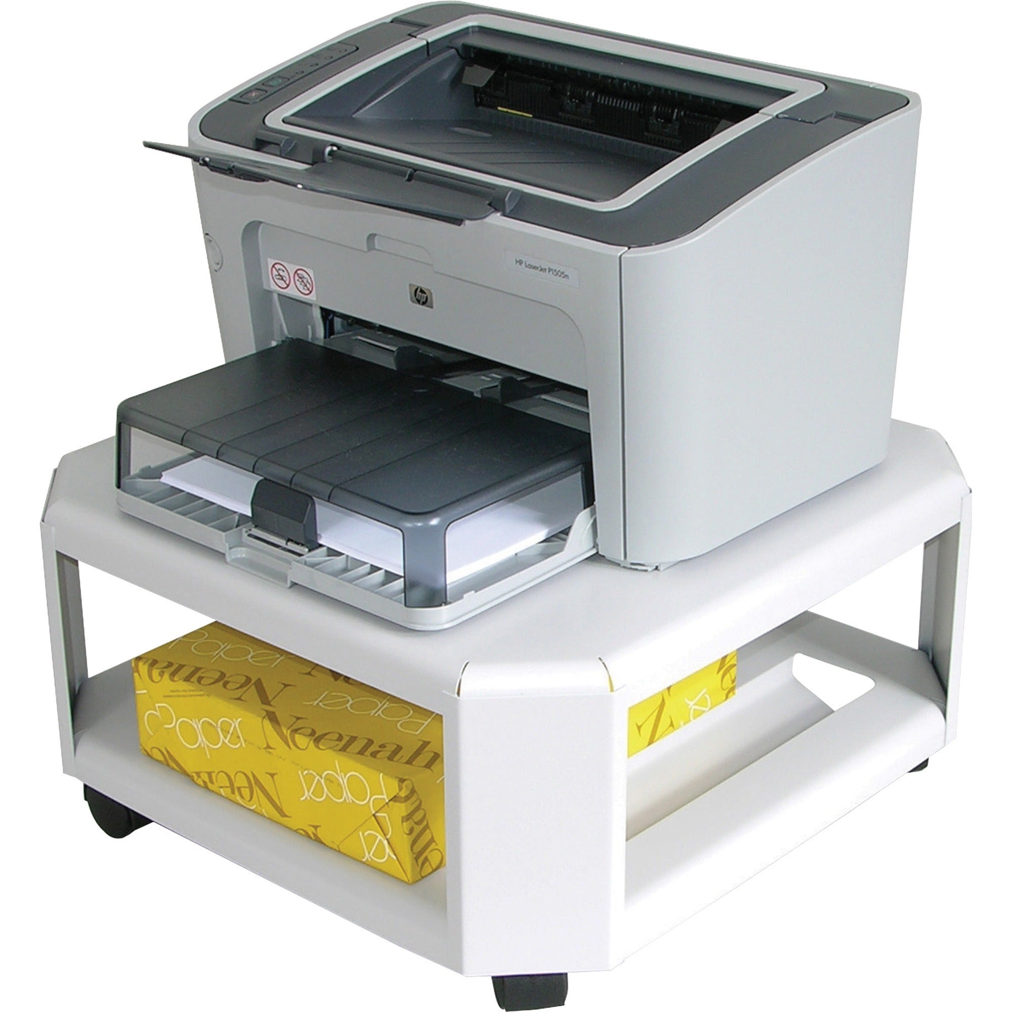 Mead-Hatcher Mobile Printer Stand, Metal, 2 Shelves, 75 lb Capacity, 17.8" x 17.8" x 8.5", Platinum