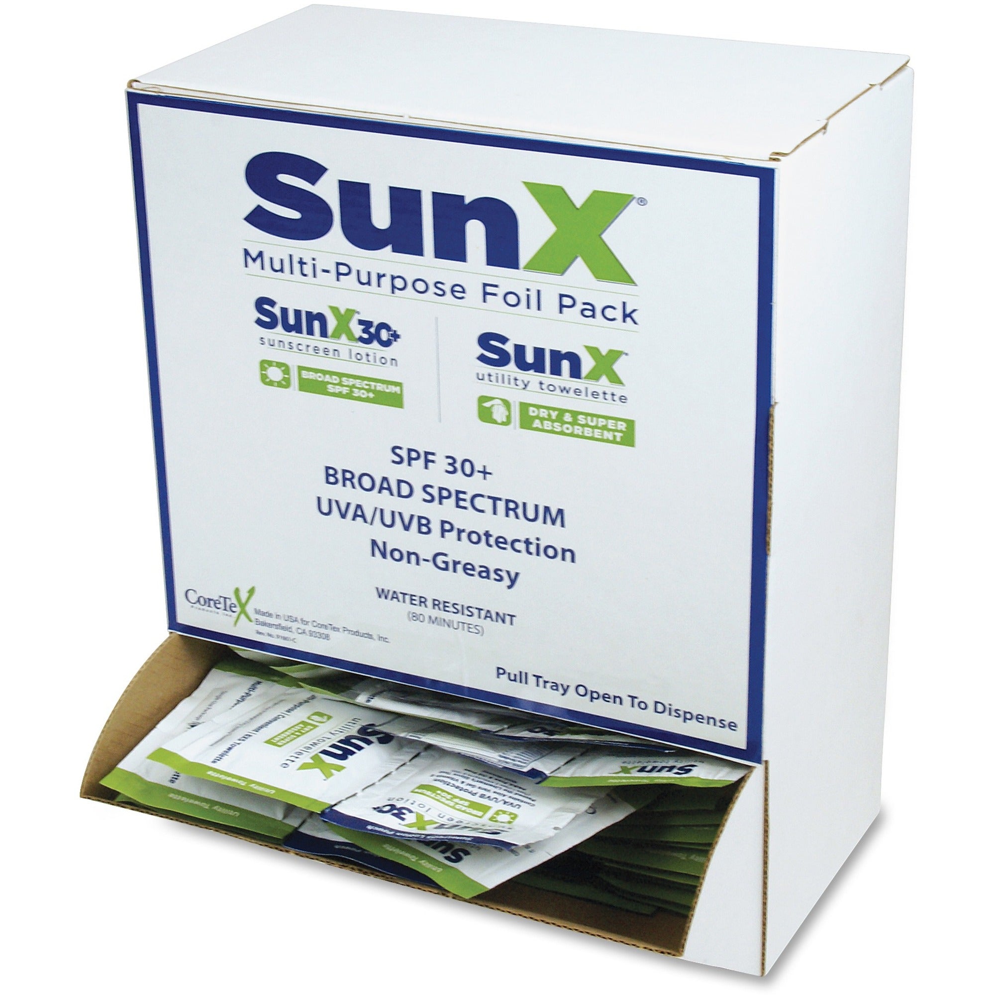 sunx-coretex-spf30-sunscreen-towelettes-with-dispenser-lotion-non-greasy-water-resistant-sweat-proof-oil-free-paba-free-1-each_suxctss010661 - 1