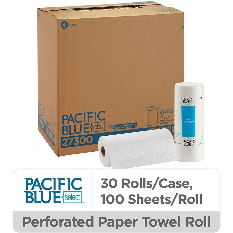 Pacific Blue Select Paper Towel Rolls by GP Pro - 2 Ply - 11" x 8.80" - 100 Sheets/Roll - 4.80" Roll Diameter - 1.63" Core - White - Paper - Perforated, Strong, Absorbent - For Food Service, Multipurpose - 30 Rolls Per Carton - 1 Carton