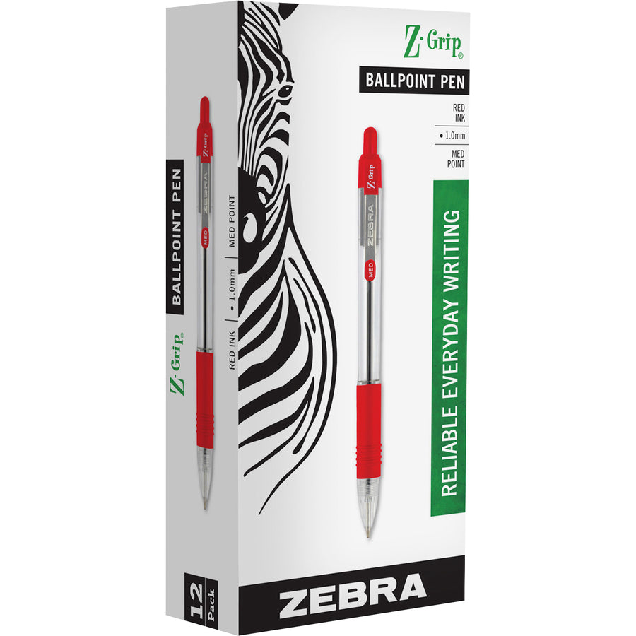 Zebra Z-Grip Retractable Ballpoint Pens - Medium Pen Point - 1 mm Pen Point Size - Retractable - Red - Clear, Red Barrel - 12 / Dozen - 