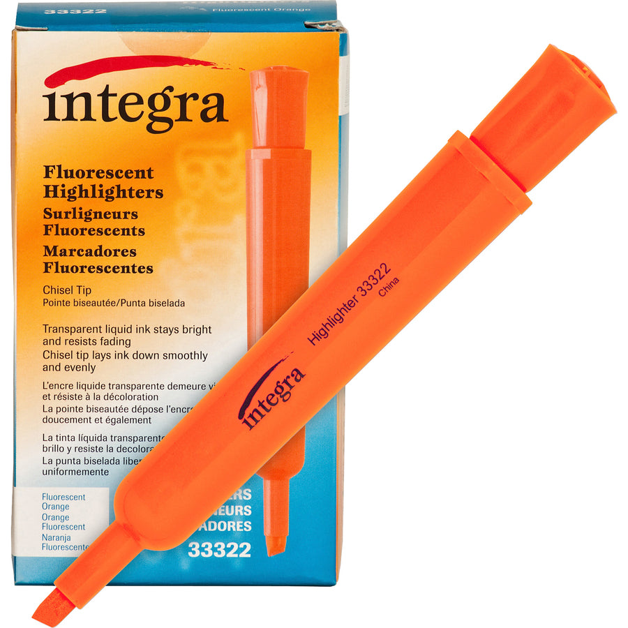 Integra Chisel Desk Liquid Highlighters - Chisel Marker Point Style - Fluorescent Orange - 1 Dozen - 