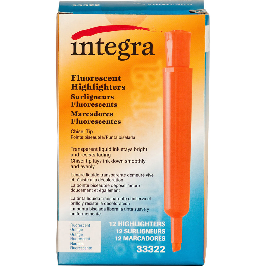 Integra Chisel Desk Liquid Highlighters - Chisel Marker Point Style - Fluorescent Orange - 1 Dozen - 