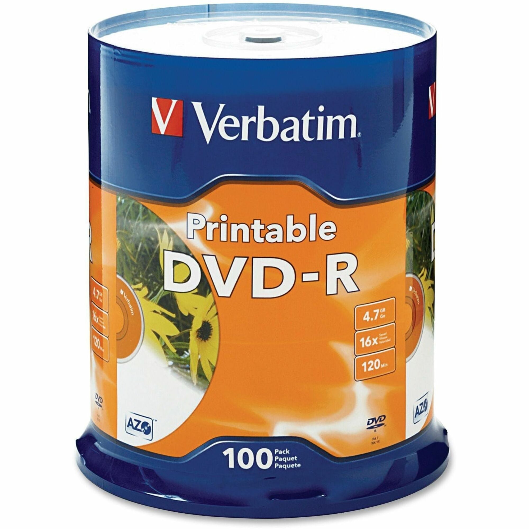 Verbatim DVD Recordable Media - DVD-R - 16x - 4.70 GB - 100 Pack - 120mm - Printable - 