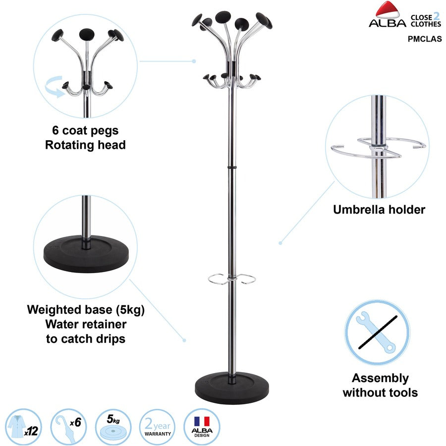 Chromy Coat Stand, 12 Knobs, 16w x 16d x 70.5h, Chrome/Black