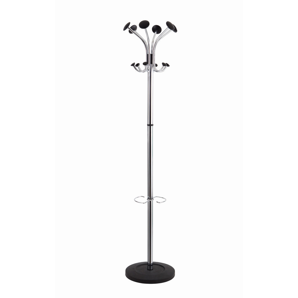 Chromy Coat Stand, 12 Knobs, 16w x 16d x 70.5h, Chrome/Black