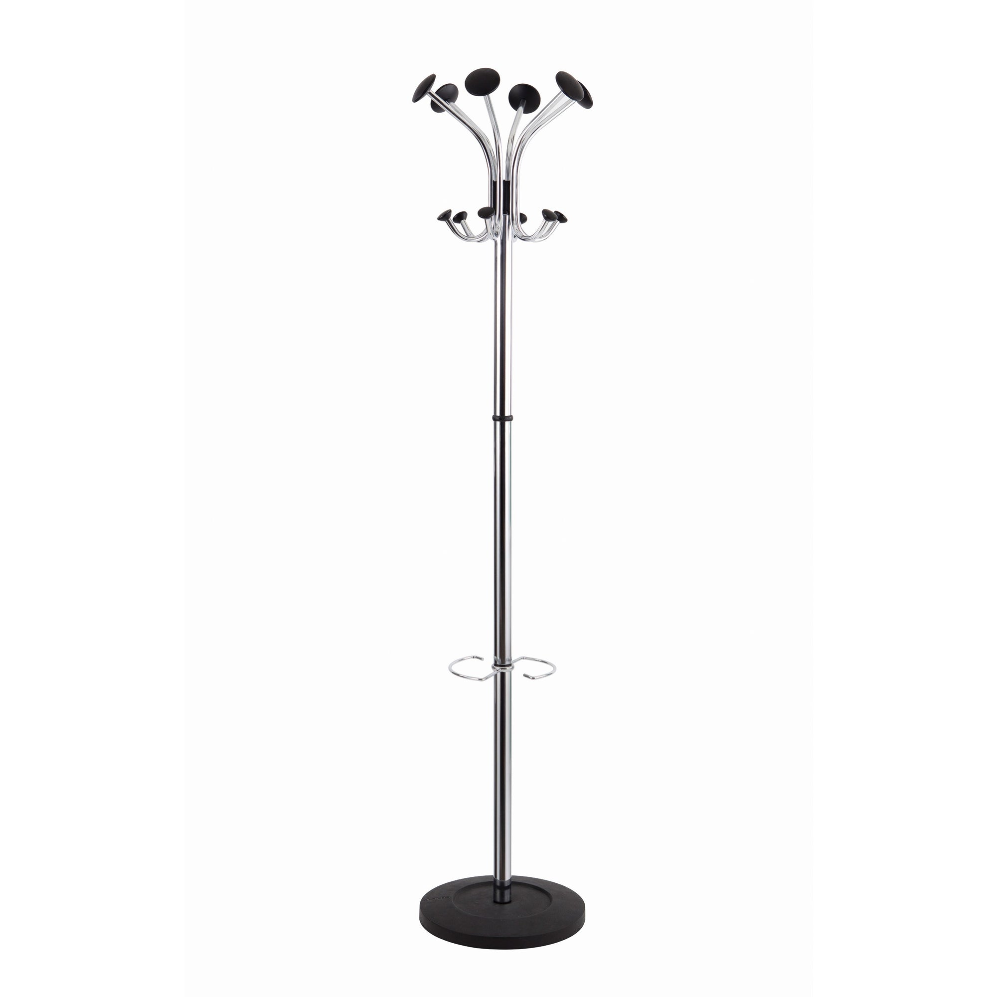 Chromy Coat Stand, 12 Knobs, 16w x 16d x 70.5h, Chrome/Black