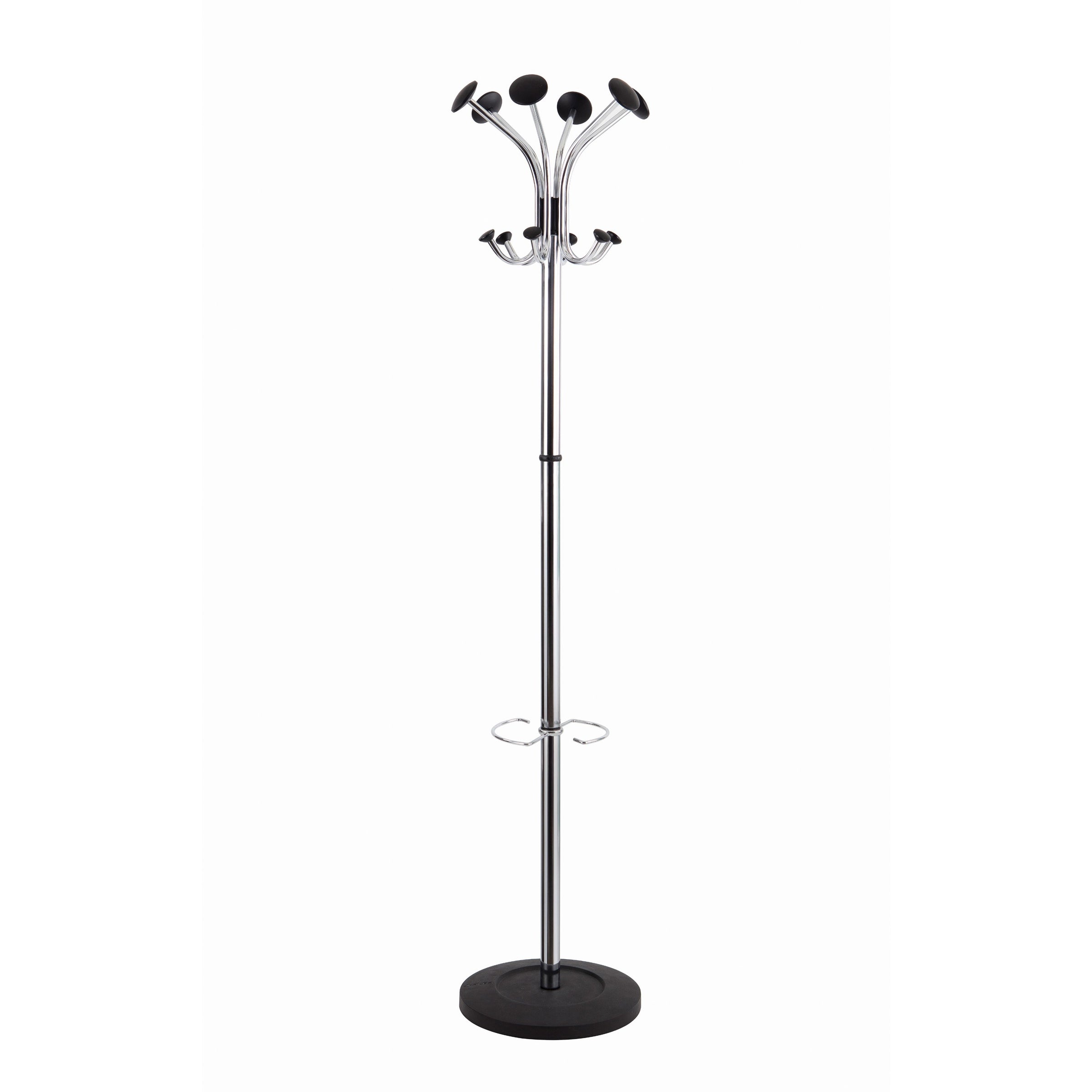 Chromy Coat Stand, 12 Knobs, 16w x 16d x 70.5h, Chrome/Black