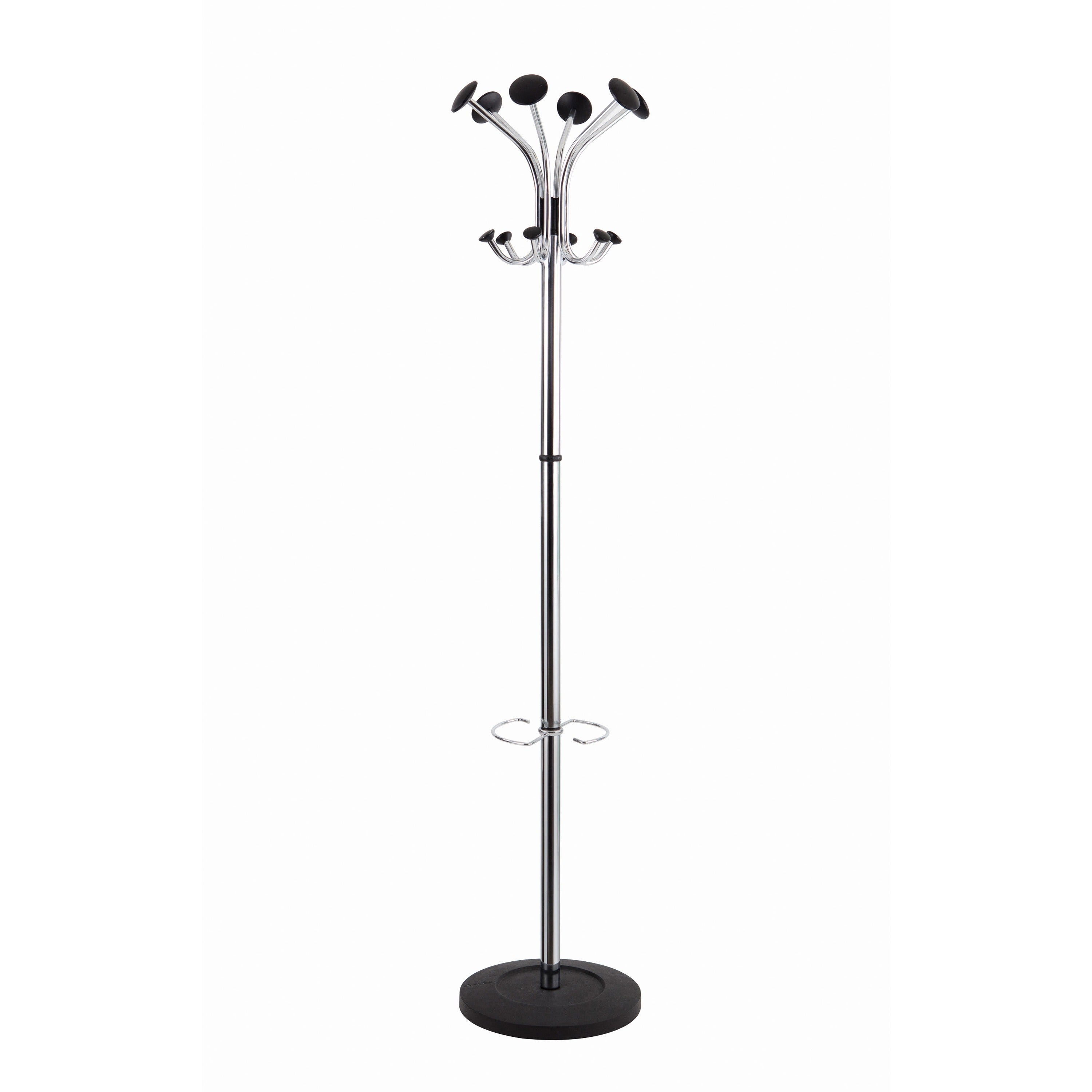 Chromy Coat Stand, 12 Knobs, 16w x 16d x 70.5h, Chrome/Black