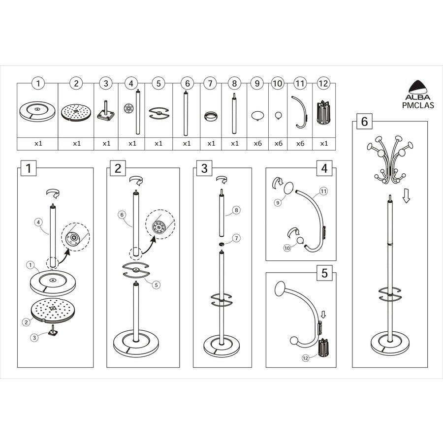 Chromy Coat Stand, 12 Knobs, 16w x 16d x 70.5h, Chrome/Black