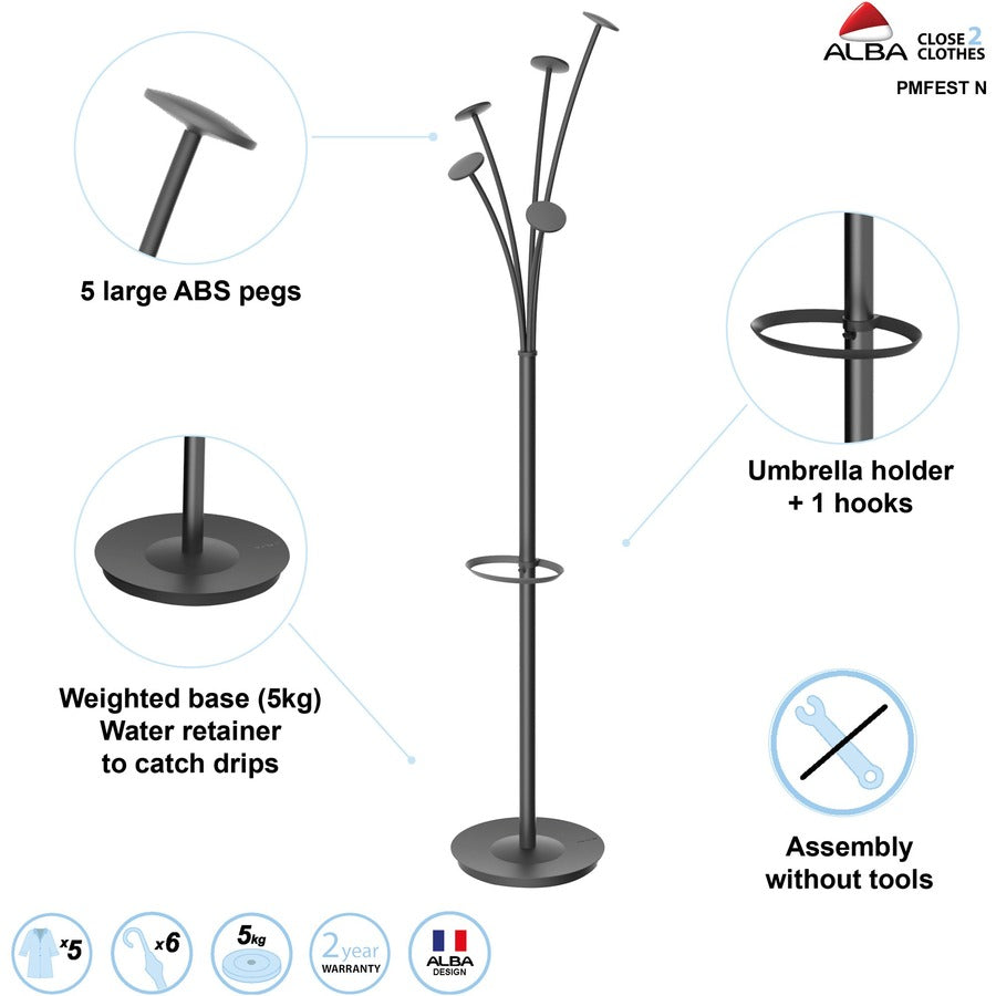 Festival Coat Stand with Umbrella Holder, Five Knobs, 14w x 14d x 73.67h, Black