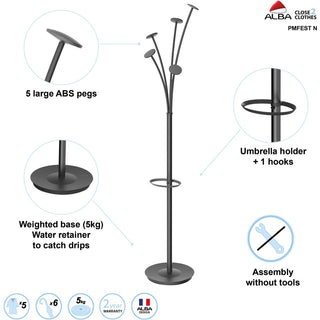 Festival Coat Stand with Umbrella Holder, Five Knobs, 14w x 14d x 73.67h, Black
