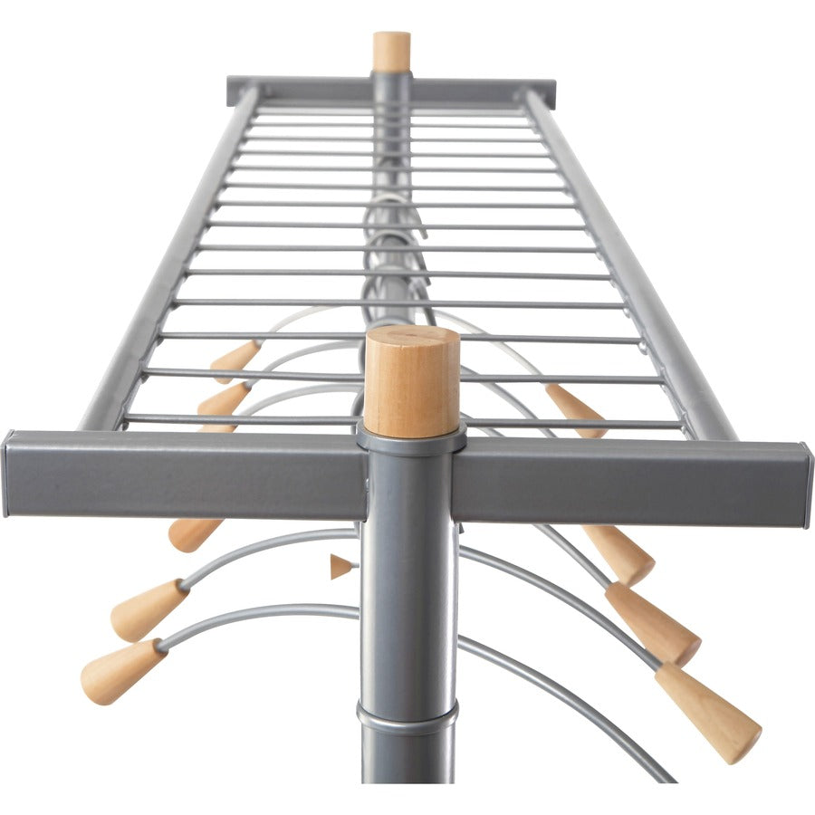 Garment Racks, Two-Sided, 2-Shelf Coat Rack, 6 Hanger/6 Hook, 44.8w x 21.67d x 70.8h, Silver/Wood