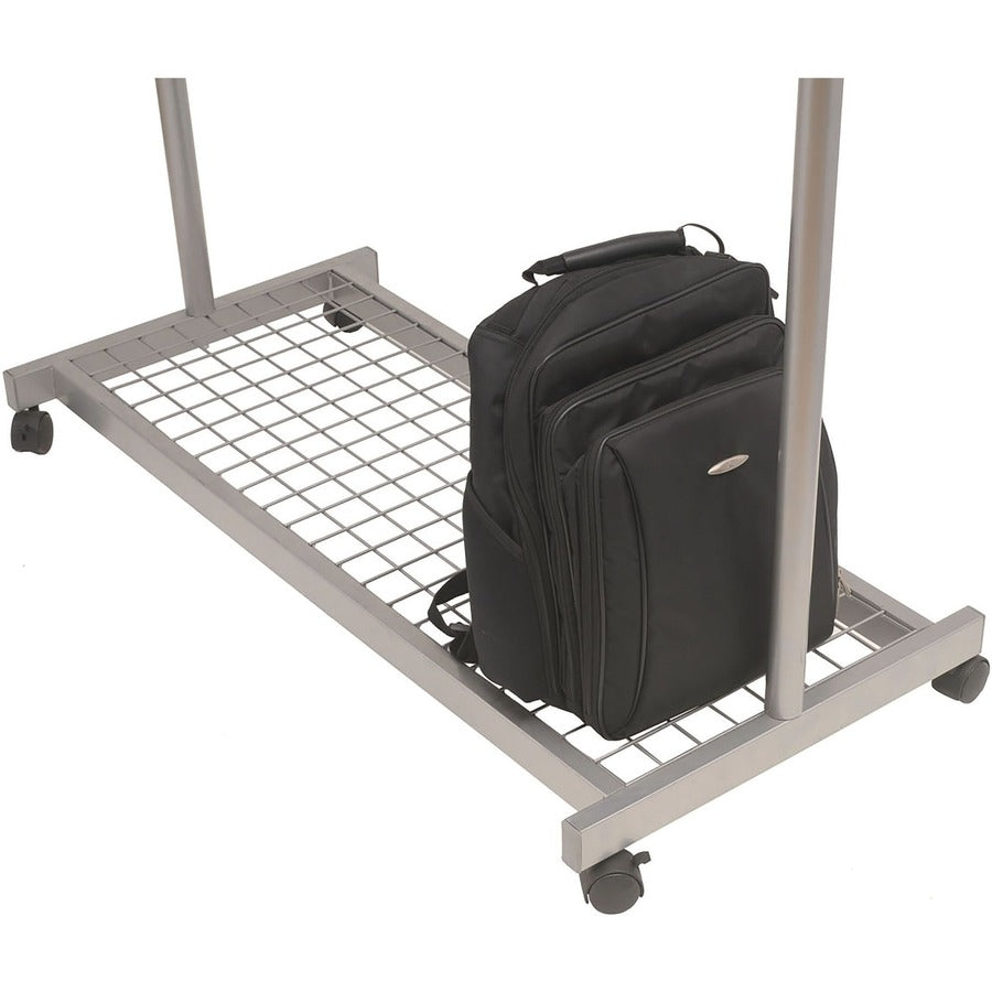 Garment Racks, Two-Sided, 2-Shelf Coat Rack, 6 Hanger/6 Hook, 44.8w x 21.67d x 70.8h, Silver/Wood