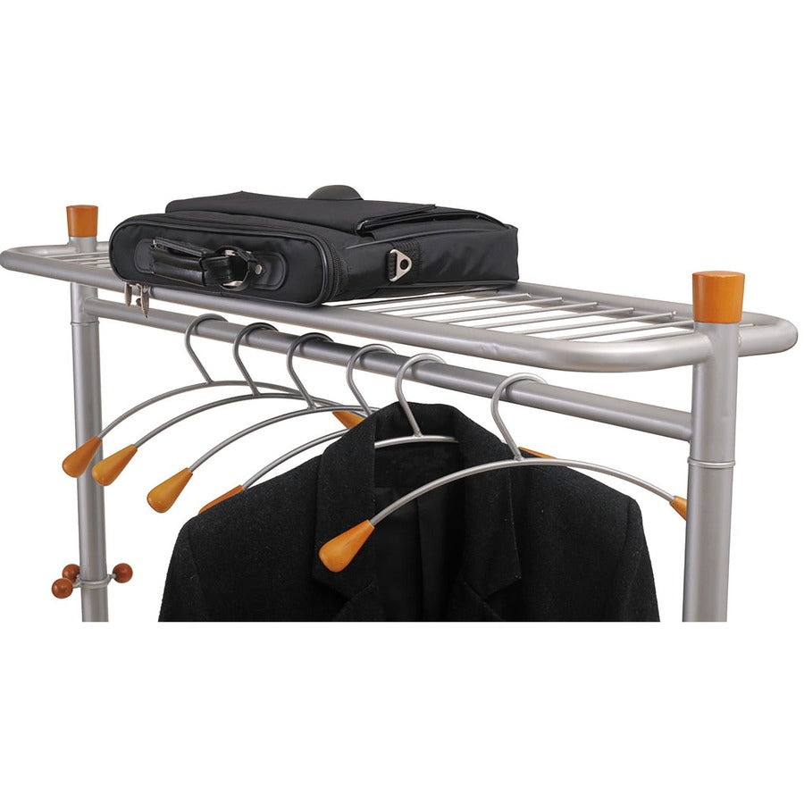 Garment Racks, Two-Sided, 2-Shelf Coat Rack, 6 Hanger/6 Hook, 44.8w x 21.67d x 70.8h, Silver/Wood