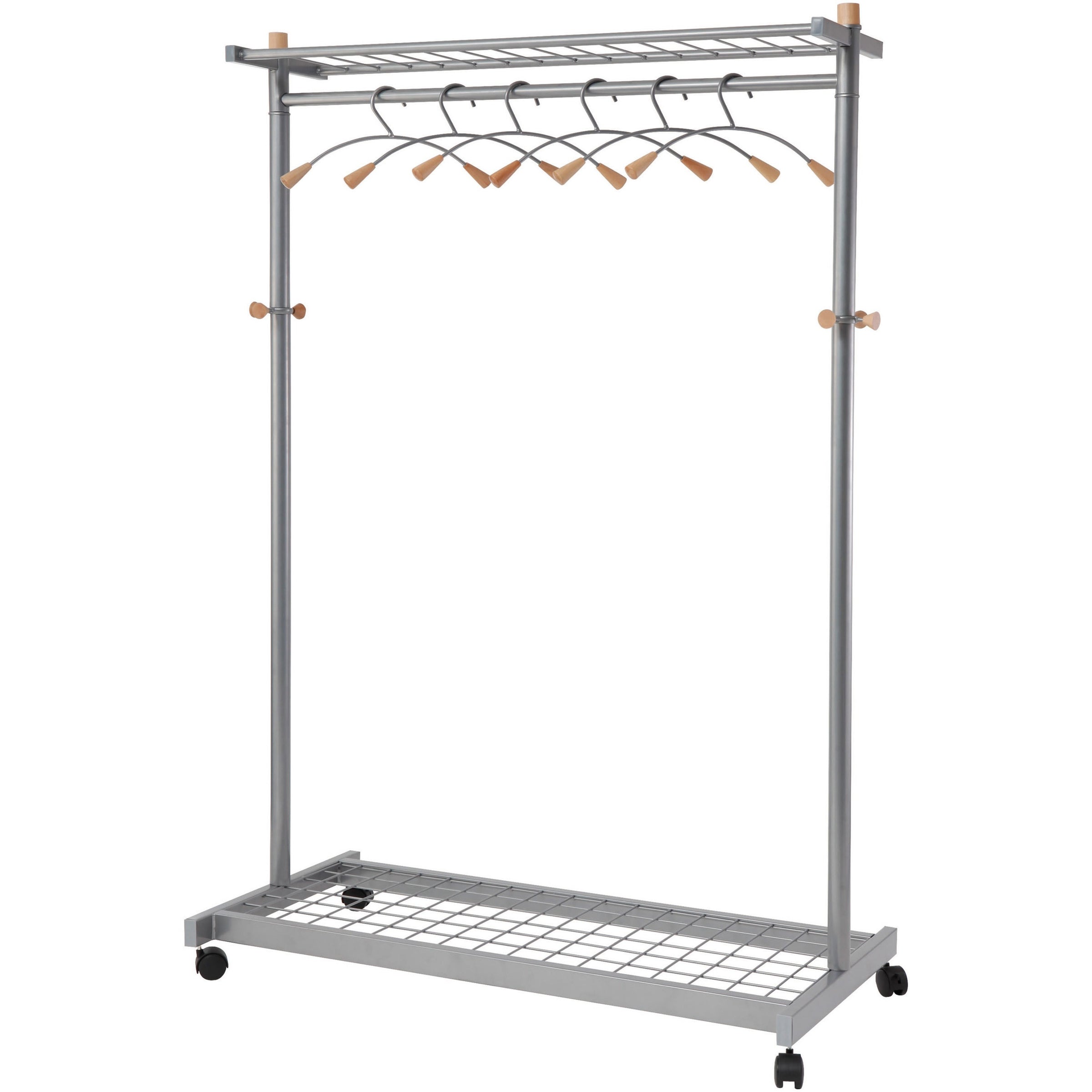 Garment Racks, Two-Sided, 2-Shelf Coat Rack, 6 Hanger/6 Hook, 44.8w x 21.67d x 70.8h, Silver/Wood