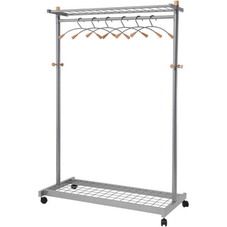 Garment Racks, Two-Sided, 2-Shelf Coat Rack, 6 Hanger/6 Hook, 44.8w x 21.67d x 70.8h, Silver/Wood
