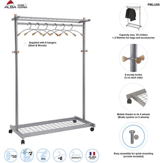 Garment Racks, Two-Sided, 2-Shelf Coat Rack, 6 Hanger/6 Hook, 44.8w x 21.67d x 70.8h, Silver/Wood