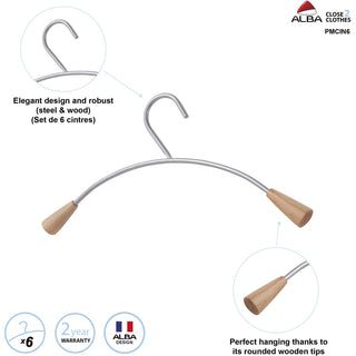 Metal and Wood Coat Hangers, 16.8", Metallic Gray/Mahogany, 6/Set