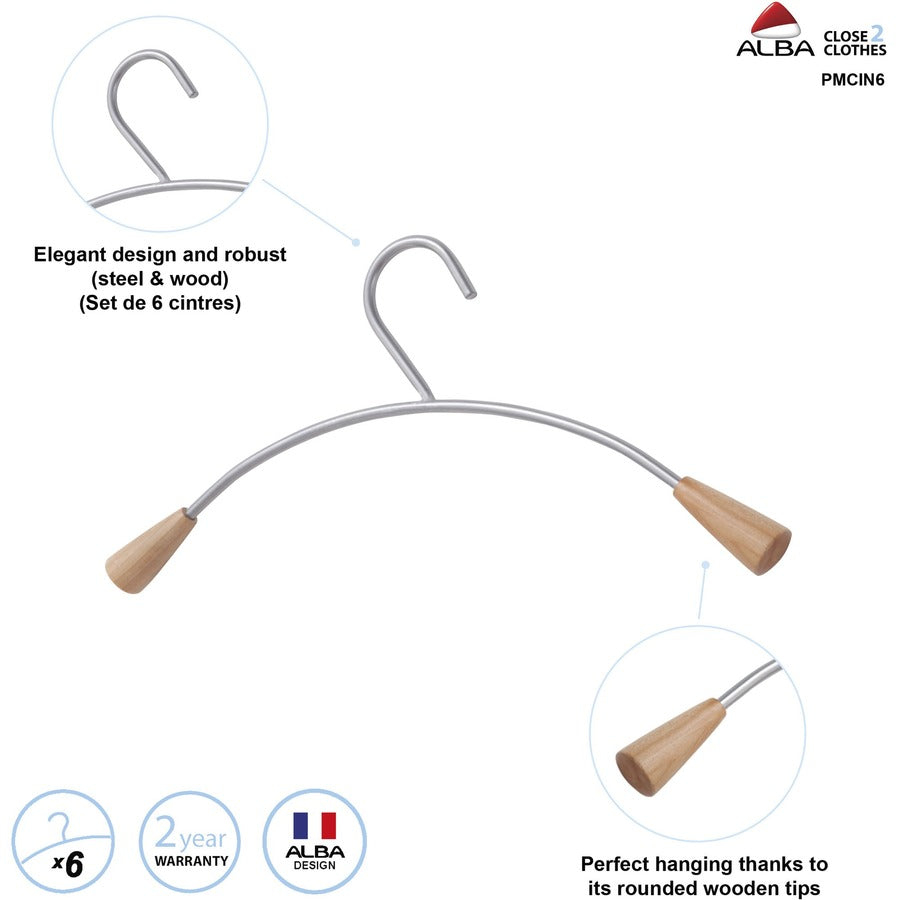 Metal and Wood Coat Hangers, 16.8", Metallic Gray/Mahogany, 6/Set