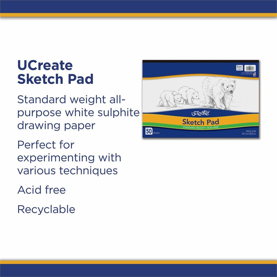 UCreate Medium Weight Sketch Pads - 50 Sheets - 18" x 12" - White Paper - Mediumweight, Acid-free - Recycled - 50 / Pad - 5