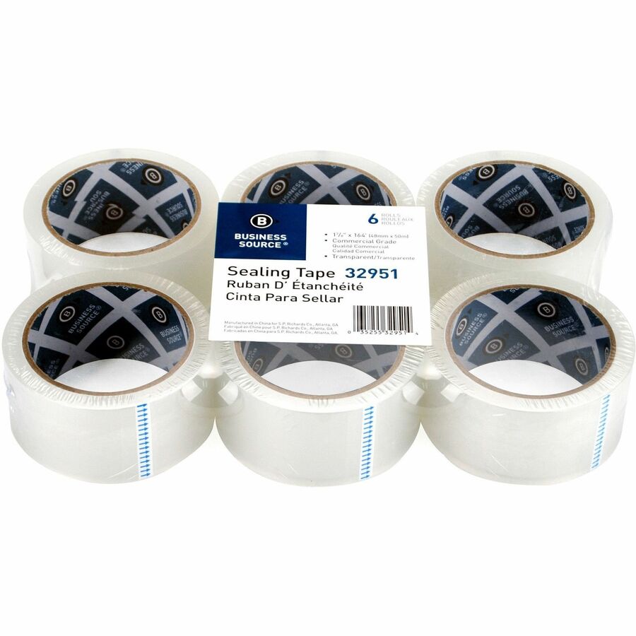 Business Source 3" Core Sealing Tape - 55 yd Length x 1.88" Width - 3" Core - Pressure-sensitive Poly - 2 mil - Adhesive Backing - Abrasion Resistant, Moisture Resistant, Split Resistant - For Packing, Sealing - 6 / Pack - Clear