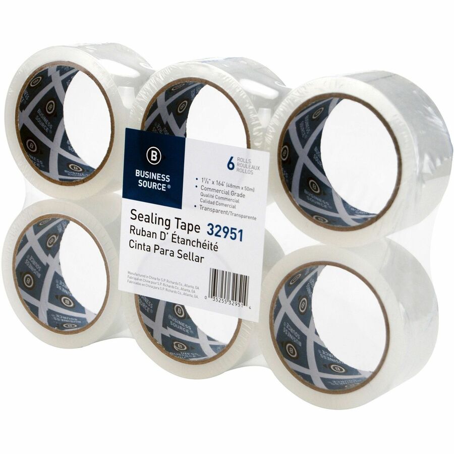 Business Source 3" Core Sealing Tape - 55 yd Length x 1.88" Width - 3" Core - Pressure-sensitive Poly - 2 mil - Adhesive Backing - Abrasion Resistant, Moisture Resistant, Split Resistant - For Packing, Sealing - 6 / Pack - Clear