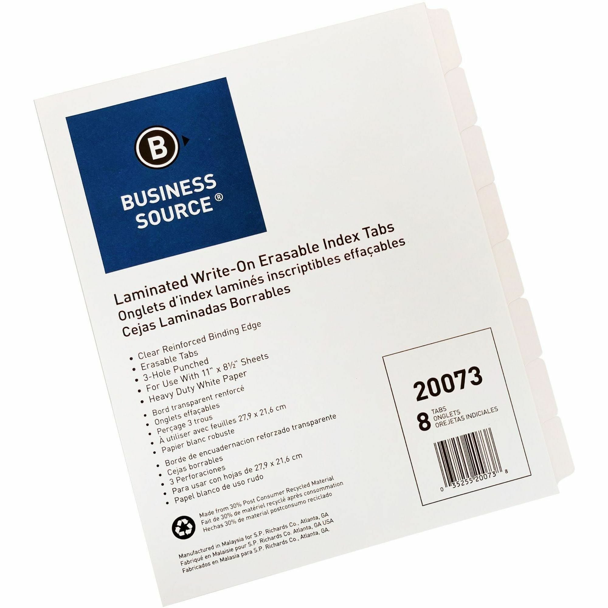 Business Source 3-Ring 8-Tab Indexes - 8 Write-on Tab(s)1.25" Tab Width - 8.5" Divider Width x 11" Divider Length - Letter - 3 Hole Punched - White Divider - White Mylar Tab(s) - Recycled - Reinforced Edges, Punched - 8 / Set