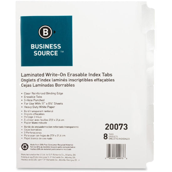 Business Source 3-Ring 8-Tab Indexes - 8 Write-on Tab(s)1.25" Tab Width - 8.5" Divider Width x 11" Divider Length - Letter - 3 Hole Punched - White Divider - White Mylar Tab(s) - Recycled - Reinforced Edges, Punched - 8 / Set - 