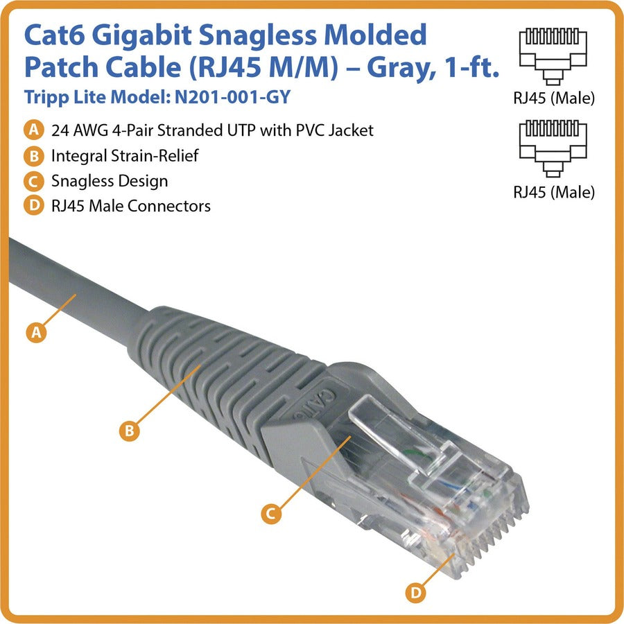 CAT6 Gigabit Snagless Molded Patch Cable, 1 ft, Gray