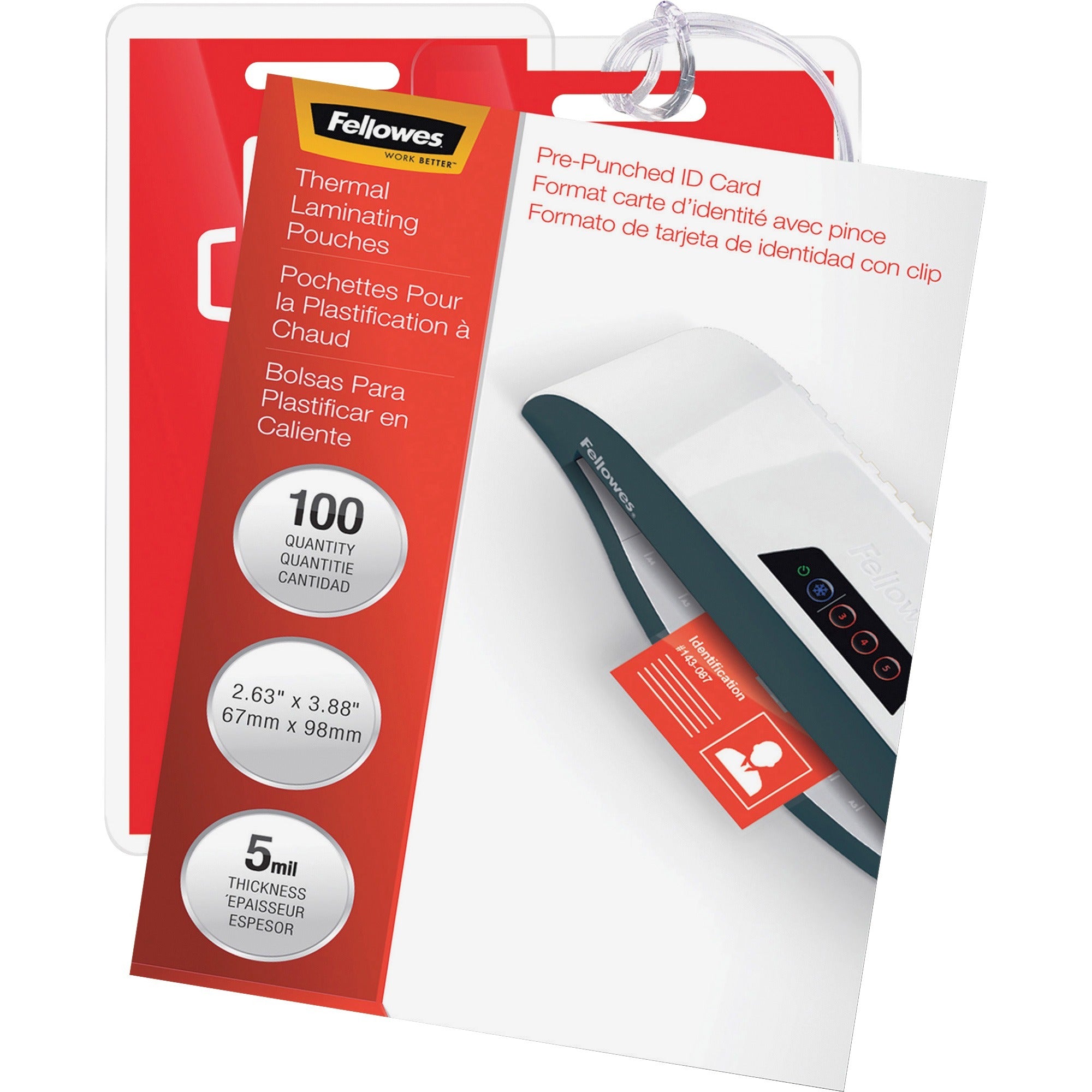 Fellowes Punched ID Card Glossy Thermal Laminating Pouches - Laminating Pouch/Sheet Size: 3.88" Width x 5 mil Thickness - Glossy - for Document, ID Badge, ID Card - Durable, Pre-punched - Clear - 100 / Pack - 